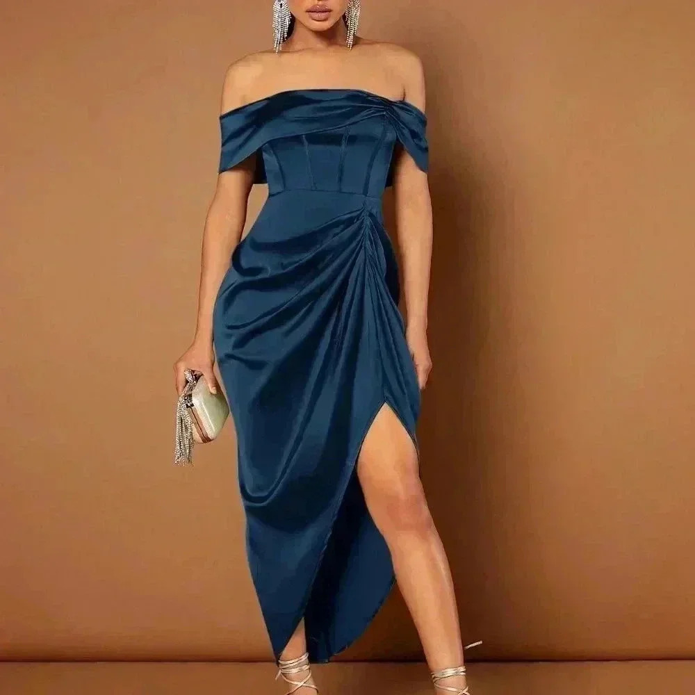 Blue Preppy Womens Off Shoulder Ruched Draped Asymmetrical Hem Dress